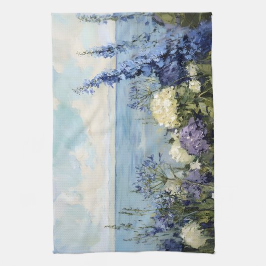 Bloemen en het Zee schilderij Theedoek (Verticaal)