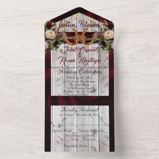 Bloemen en Hoefijzers, Bourgogne lint All In One Uitnodiging (Binnen)