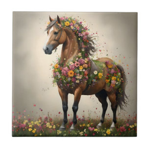 Bloemen en hoeven:  Fantasie tuin met bruine paard Tegeltje