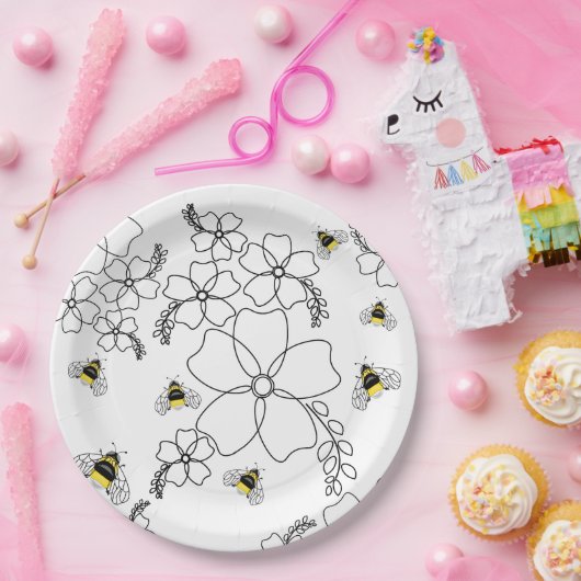 Bloemen en hommel in een minimalistische stijl papieren bordje (Feest)