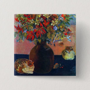 Bloemen en Katten van Paul Gauguin, Vintage Fine A Vierkante Button 5,1 Cm