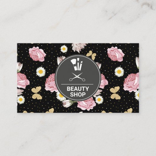 Bloemen en kattervlinders | Goud Gespikkeld Visitekaartje (Voorkant)