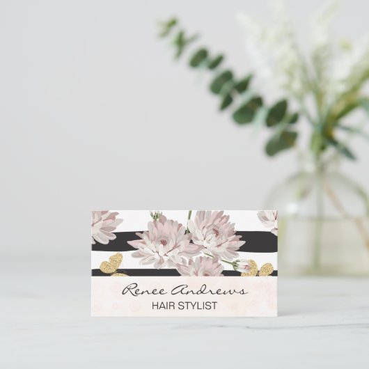 Bloemen en kattervlinders | Stripe patroon Visitekaartje (Staand voorkant)