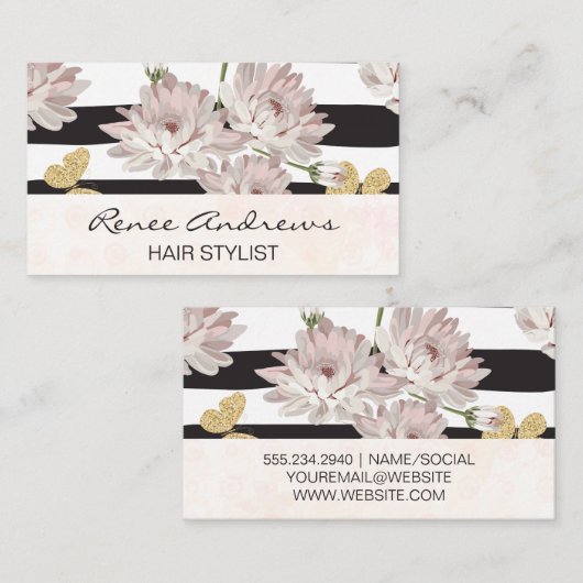 Bloemen en kattervlinders | Stripe patroon Visitekaartje (Voorkant / Achterkant)