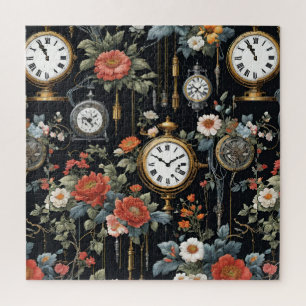 Bloemen en Klokken Zwart Behang Ontwerp Legpuzzel