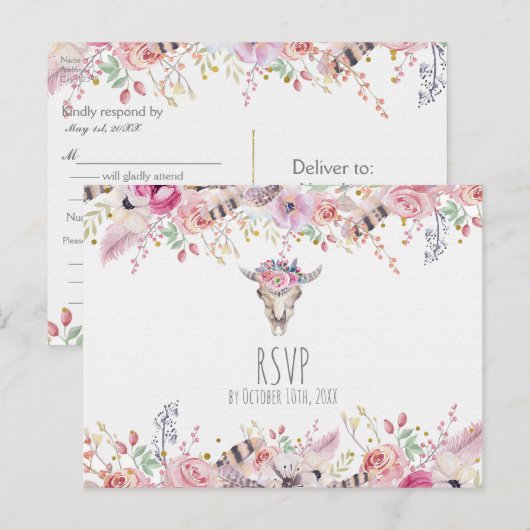 Bloemen en Koe Robuust Land Boho Chic RSVP Uitnodiging Briefkaart (Voorkant / Achterkant)