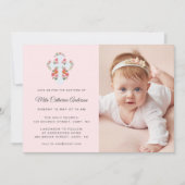 Bloemen en Kruis op bleek roze Foto Doop Kaart (Voorkant)