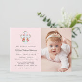 Bloemen en Kruis op bleek roze Foto Doop Kaart (Staand voorkant)