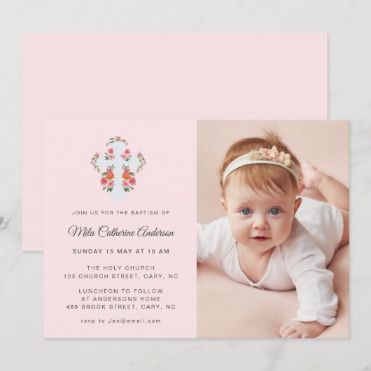 Bloemen en Kruis op bleek roze Foto Doop Kaart (Voorkant / Achterkant)