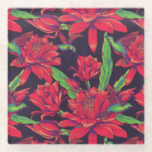 Bloemen en levende vogels glazen onderzetter