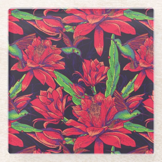 Bloemen en levende vogels glazen onderzetter (Voorkant)