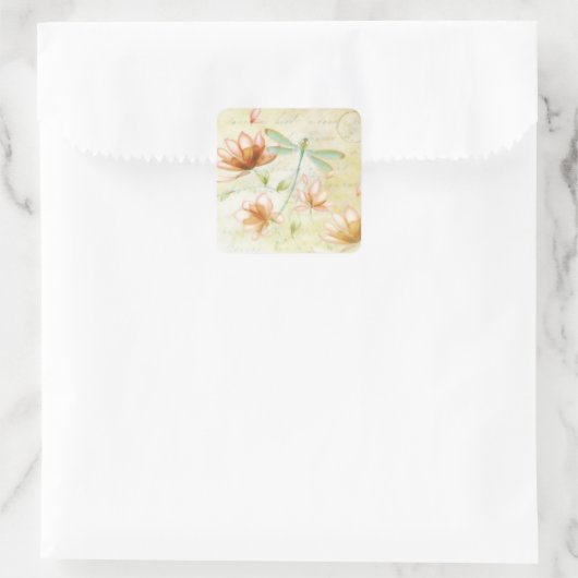Bloemen en libellen vierkante sticker (Tas)