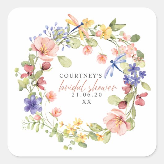 Bloemen en libellen, Vrijgezellenfeest Vierkante Sticker (Voorkant)