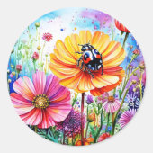 Bloemen en lieveheersbeestjes ronde sticker (Voorkant)