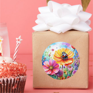 Bloemen en lieveheersbeestjes ronde sticker