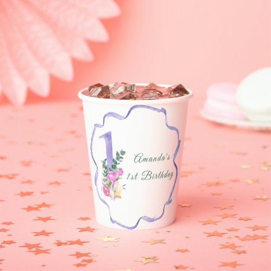 Bloemen en lint Eerste verjaardag Papieren Bekers (Insitu)