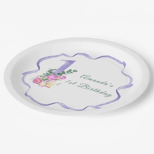 Bloemen en lint Eerste verjaardag Papieren Bordje (Gekanteld)