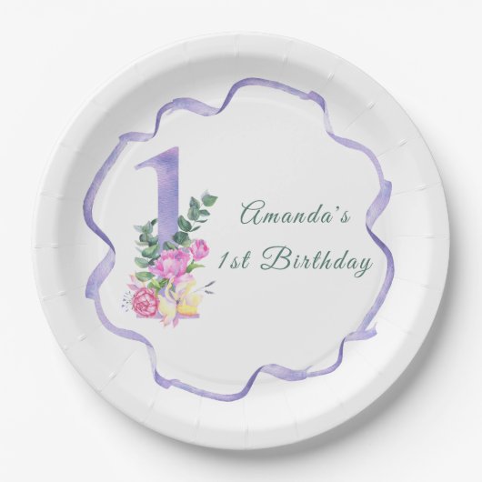 Bloemen en lint Eerste verjaardag Papieren Bordje (Voorkant)
