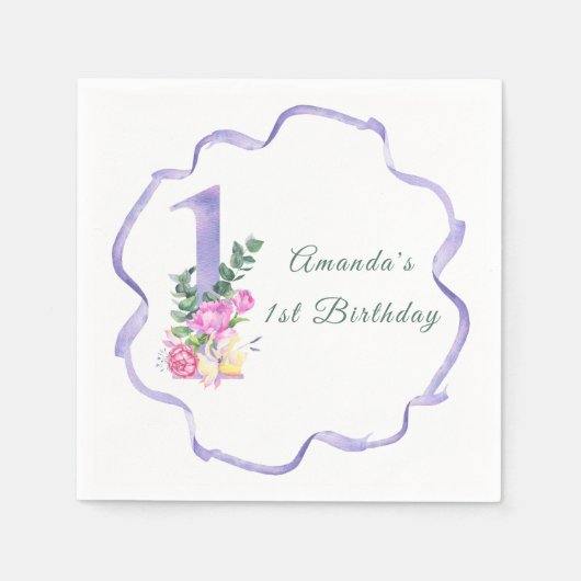 Bloemen en lint Eerste verjaardag Servet (Voorkant)