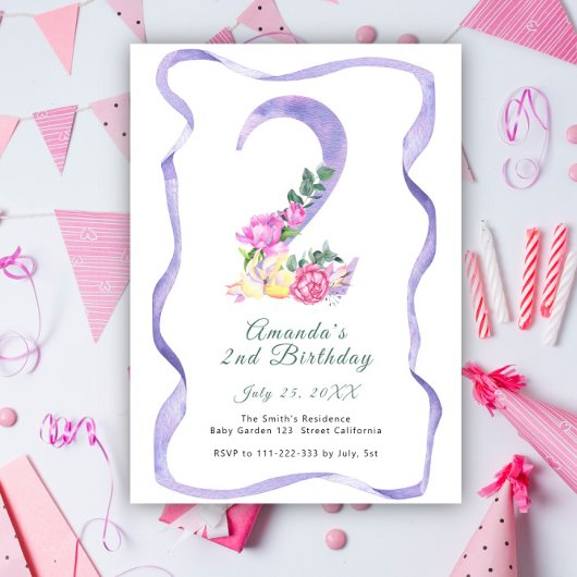 Bloemen en lint nummer 2e verjaardag kaart