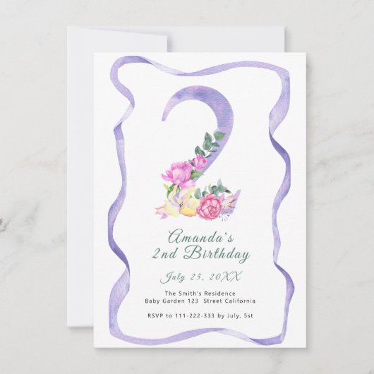 Bloemen en lint nummer 2e verjaardag kaart (Voorkant)