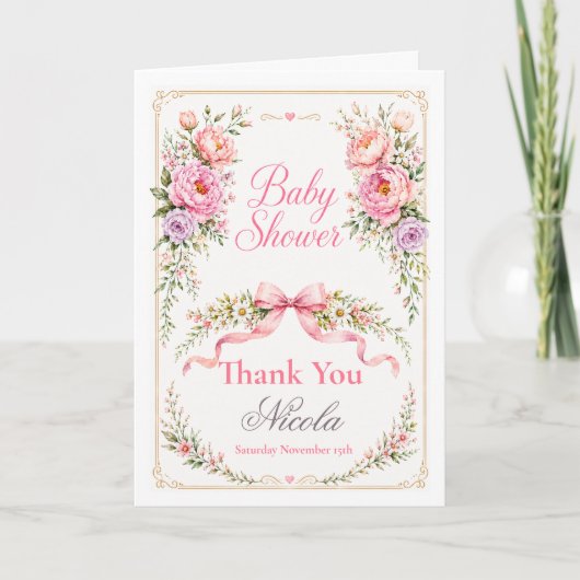 Bloemen- en lintbabyshower bedankkaart (Voorkant)