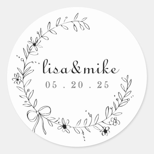 Bloemen- en lintenkrans bruiloft ronde sticker (Voorkant)