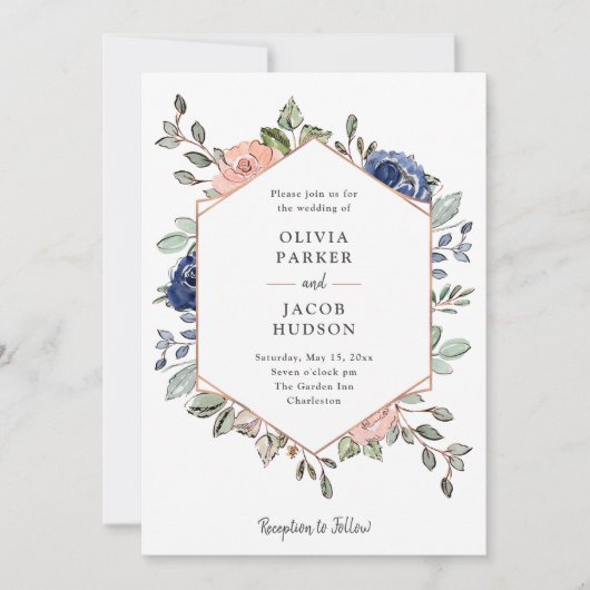 Bloemen en marine geometrisch | Bruiloft Kaart (Voorkant)