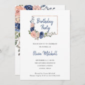 Bloemen en marine geometrisch | verjaardagsfeestje kaart (Voorkant / Achterkant)