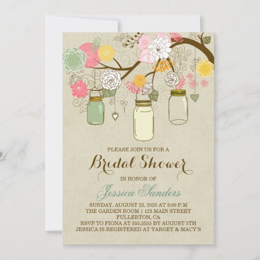 Bloemen en Mason Jars Bridal Shower Uitnodiging (Voorkant)