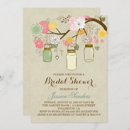 Bloemen en Mason Jars Bridal Shower Uitnodiging (Voorkant / Achterkant)