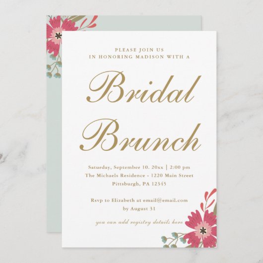 bloemen en Mint Green Bridal Brunch Kaart (Voorkant / Achterkant)