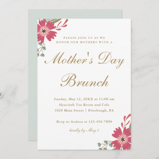 bloemen en Mint Green Moederdag Brunch Kaart (Voorkant / Achterkant)