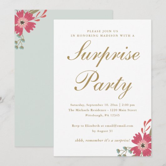 bloemen en Mint Green Surprise Party Kaart (Voorkant / Achterkant)