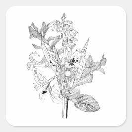 Bloemen en palmbladeren in schetsstijl. vierkante sticker