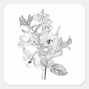 Bloemen en palmbladeren in schetsstijl. vierkante sticker