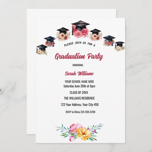 Bloemen en petten afstudeerfeest kaart (Voorkant / Achterkant)