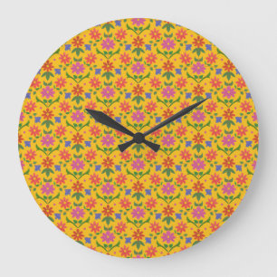 Bloemen en Polka Dots op Gele Ronde Wandklok