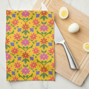 Bloemen en Polka Dots op Yellow Kitchen Towel Theedoek