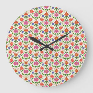 Bloemen en Polka stippen op Ecru ronde wandklok