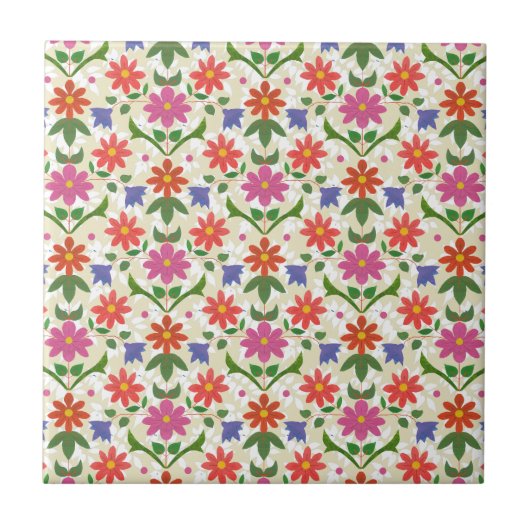 Bloemen en Poolse stippen op Ecru, keramische Tege Tegeltje (Voorkant)