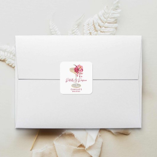 Bloemen en Prosecco Bloemige Bruiloftsfeest Favor Vierkante Sticker