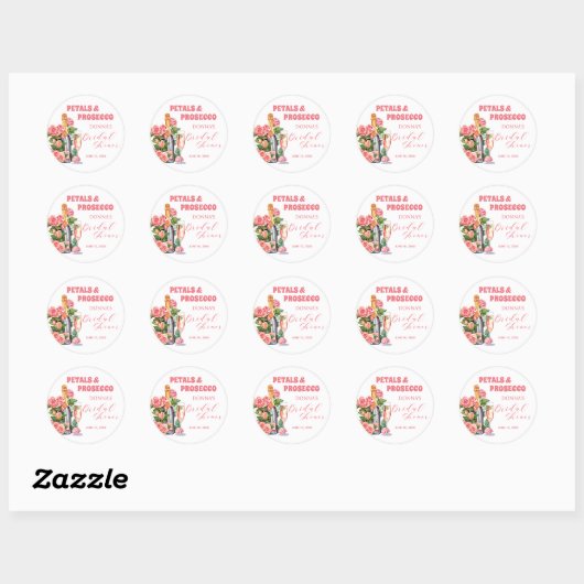 Bloemen en Prosecco Fles en Rozen Bruiloftsfeest Ronde Sticker (Vel)