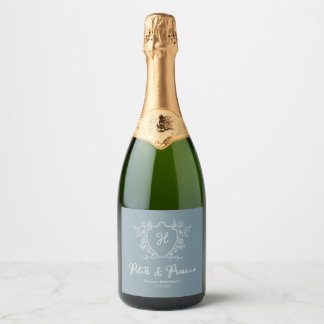 Bloemen en Prosecco Regency Blauwe Bruiloftsborrel Sparkling Wijnetiket