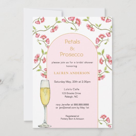 Bloemen en Prosecco Roze & Gouden Bruidsdouche Kaart (Voorkant)