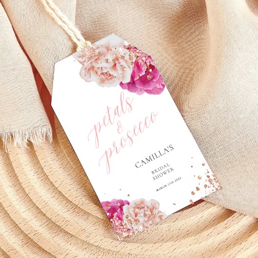 Bloemen en Prosecco Script Glitterende Roze Bloeme Cadeaulabel