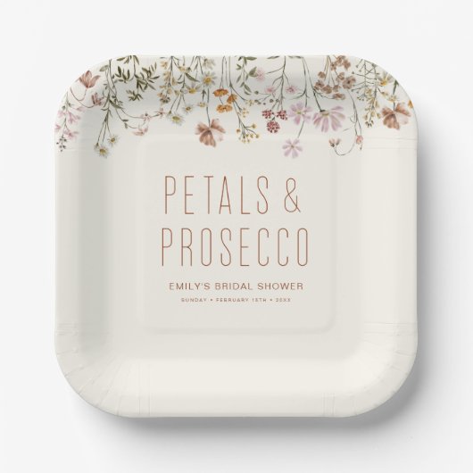 Bloemen en Prosecco Wilde Bloemen Bruidsdiner Papieren Bordje (Voorkant)