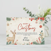 Bloemen en rendieren beige Merry Christmas Custom Feestdagenkaart (Staand voorkant)