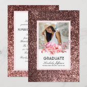 Bloemen en Roos Gouden Glitter Foto Afstuderen Kaart (Voorkant / Achterkant)