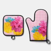 Bloemen en Roze Gingham Ovenwant & Pannenlap Set (Voorkant)